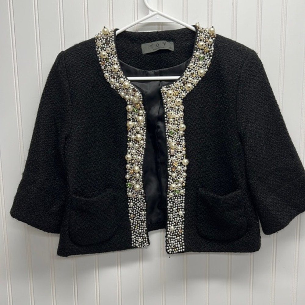 TOV Holy Black‎ Boucle Wool Beaded and Jeweled Crop Jacket Sz 38/S